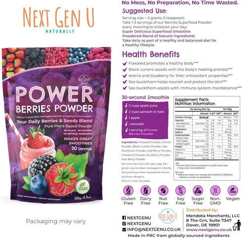 Next Gen U Super Berry Powder 150g | Immune Support Food Supplement | Superfood Berries Smoothie Mix for Shakes, Detox