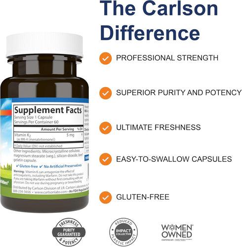 K2, MK-4 K2 60 Carlson - Vitamin (Menatetrenone), Vitamin K Supplement, Bone & Heart Health, Vitamin, Soy-free