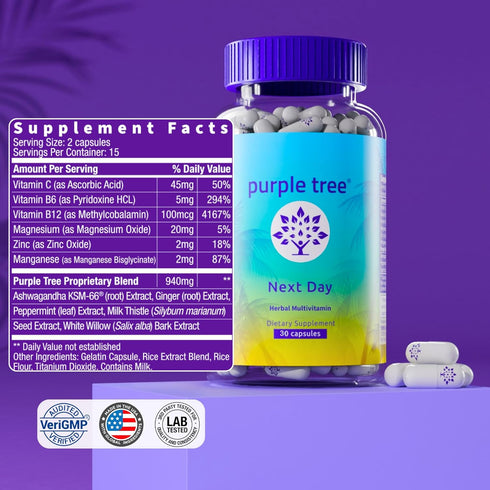 KSM-66, 30 purple tree Next Day Post-Drink Morning Wellness Supplement for Balance, Restore & Replenishment |