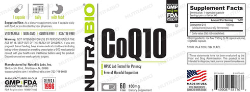 NutraBio CoQ10 Dietary Supplement, Healthy Heart Function & Cellular Energy Production, 100mg, 60 Capsules