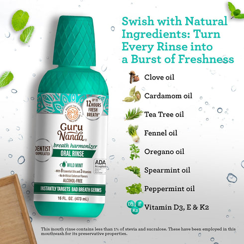 GuruNanda Mouthwash Oral Rinse, Wild Mint, 16 Fl Oz, Promotes Fresh Breath up to 24 hours, Alcohol-free, ADA Accepted