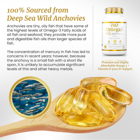 Omega 3 Fish Oil Supplement with Vitamin D3 5000 IU - 1000mg Triglyceride Capsules for Brain Health - VIT D3 & Omega 3