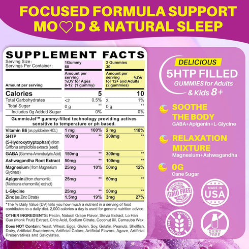 5HTP Gummies for Adults & Kids 8+ with GABA + Magnesium Glycinate, 5-HTP 200MG Supplement - L-Glycine, Ashwagandha, B6 for Sleep Regulation, Brain Relaxation, Promote Healthy Eating Habit, 60 Cts