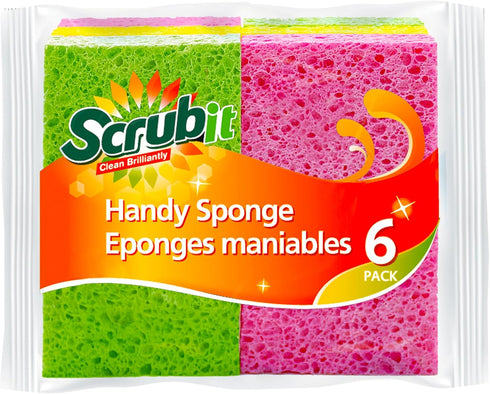 SCRUBIT Cellulose Scrub Sponge - 6 Pack Kitchen Cleaning Sponges for Dishes, Pans, Pots & More - Colors May Vary