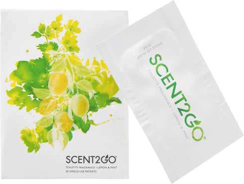 Scent2Go Toilet Fragrance Powder, Slim Travel Size Packet, Plant Based Formula, Lemon + Mint, 40 Single Use Packets