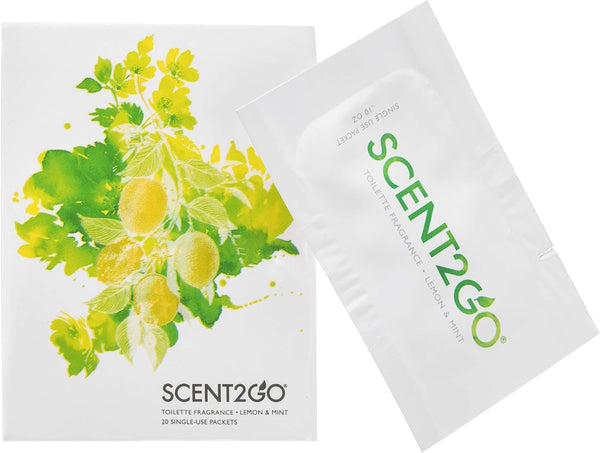 Scent2Go Toilet Fragrance Powder, Slim Travel Size Packet, Plant Based Formula, Lemon + Mint, 40 Single Use Packets