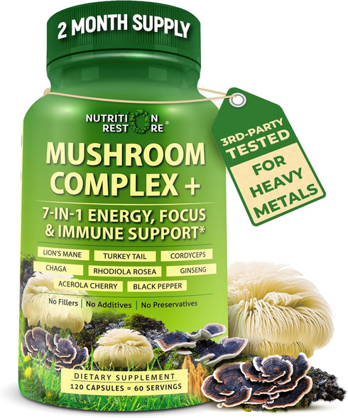 Organic Mushroom Complex: Lion's Mane, Turkey Tail, Cordyceps, Chaga, Contains Naturally Occurring