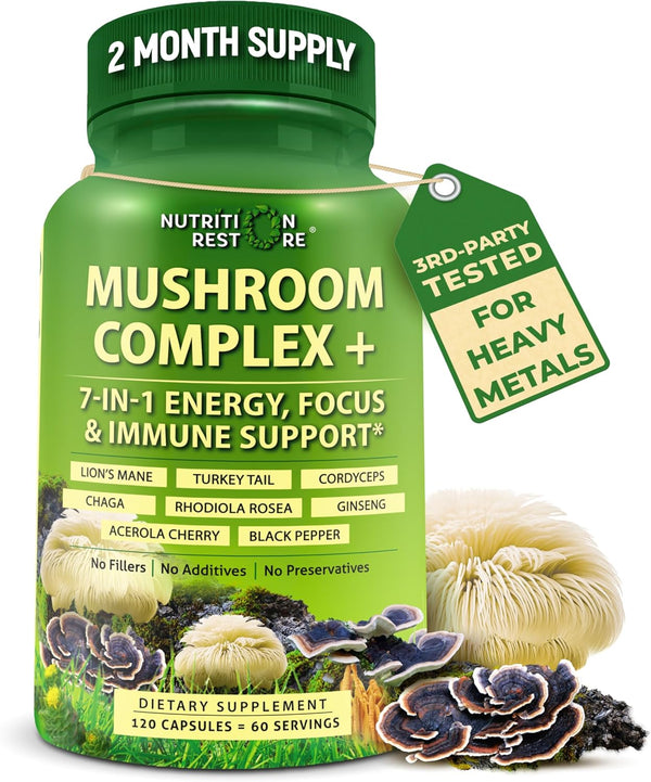 Organic Mushroom Complex: Lion's Mane, Turkey Tail, Cordyceps, Chaga, Contains Naturally Occurring