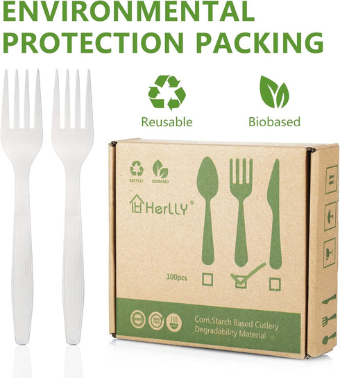 HERLLY 100 Biodegradable Compostable Forks, Large Disposable Utensils for Parties, Eco-Friendly and Durable