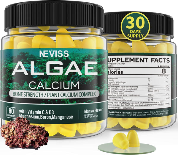 Algae Calcium Gummies 600mg with Vitamin D3, C, Magnesium, Boron, Manganese, Plant-Based Calcium Supplement, 60 Counts