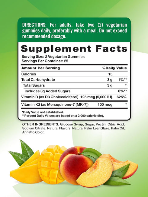 Nature's Truth Vitamin K2 + D3 Gummy Complex | 50 Count | Vegetarian, Non-GMO & Gluten Free Supplement | Peach Mango Flavor