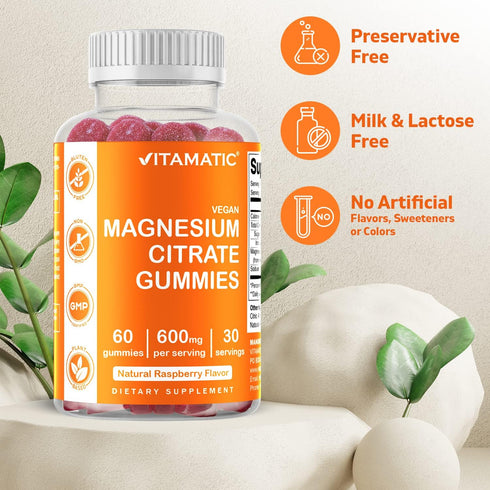 Vitamatic Magnesium Citrate Gummies 600mg per Serving, 60 Vegan Gummies for Relaxation & Energy Support