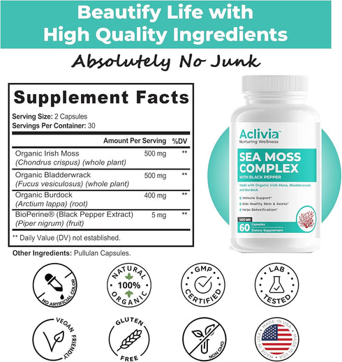 Organic Irish Sea Moss Capsules with Bladderwrack & Burdock Root - 102 Minerals Sea Moss Supplement - Thyroid Support,