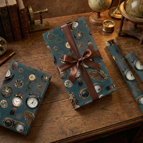 Joviwrap 17 Inches 16.4 Watch Wrapping Paper Roll, Mechanical, Gears Vintage Clock Print Gift Wrap Steampunk Vintage