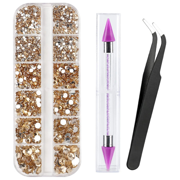 Canvalite 1500PCS Champagne Rhinestones, Flat Back Gems with Tweezers and Dotting Pen for Nail Art and Crafts
