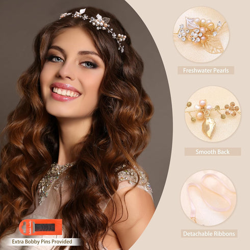Oriamour Bridal Crystal Headband with Freshwater Pearls, Flower Design Wedding Hair Accessories (Gold)