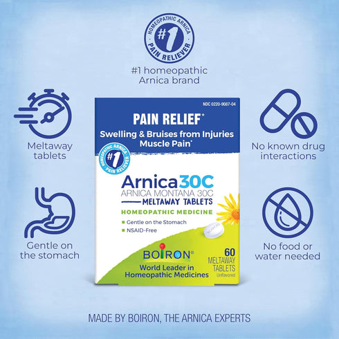 Arnica 30C Tablets for Pain Relief from Muscle Pain, Joint Soreness, Swelling from Injury or Bruises - 60 Count