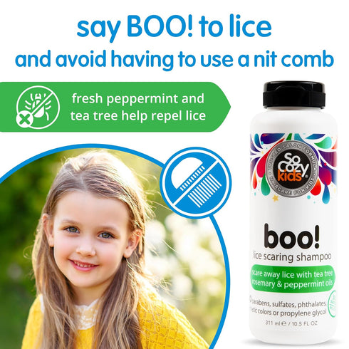 SoCozy (10.5 Oz) Boo! Lice Scaring Shampoo For Kids Hair, Effective Lice Treatment Fl Scare Away Lice with Tea Tree