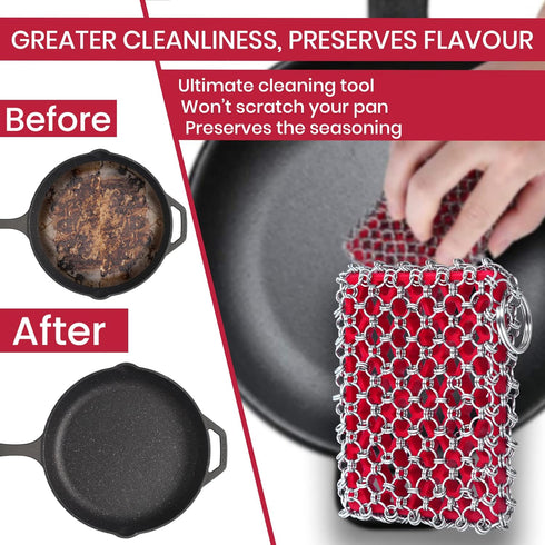Cast Iron Scrubber Kit + Pan Scraper, 316 Chain Mail Scrubber for Cast Iron Cleaner, Chain Scrubber for Pans