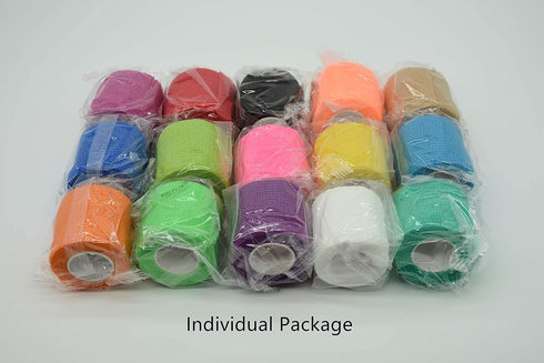 15 Pack Cohesive Wrap, 2 Inches x 5 Yards Self Adherent Vet Tape for Pets, Elastic Bandage Wrap (15 Colors)