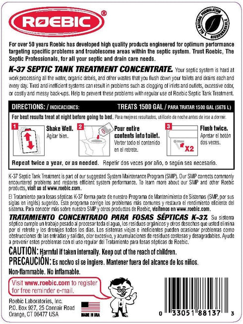 Roebic K-37-Q-C1500-4 Septic Tank Treatment, 32 oz, 16 oz Concentrate, Safe for All Plumbing Systems