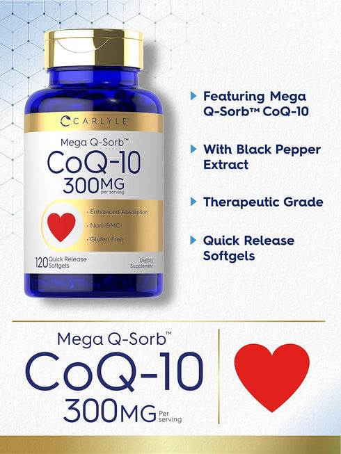 Carlyle CoQ10 300mg | 120 Softgels | Non-GMO, Gluten Free | Mega Q-Sorb Coenzyme Q-10 with Black Pepper Extract