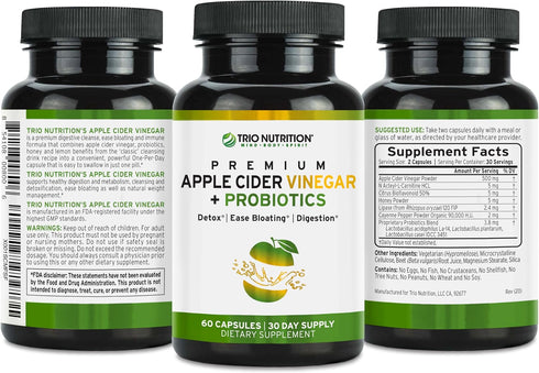 Immunity, TRIO NUTRITION Apple Cider Vinegar Capsules with Multi-Strain Probiotics - Natural Sugar Free ACV Capsules