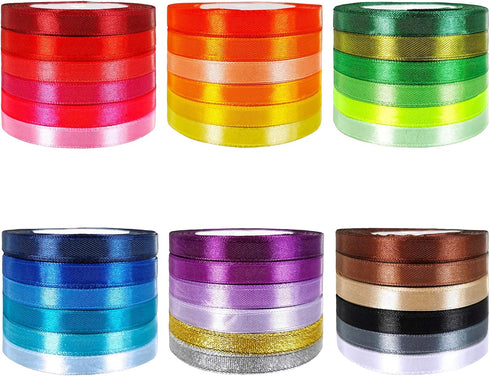 Winlyn 36 Colors 900 Yards Fabric Ribbons Satin Ribbons Metallic Glitter Ribbons Rolls Craft Ribbons Embellish Decorative Ribbons 2/5" Wide for Floral Bouquet Gifts Crafts Bows Party Wedding