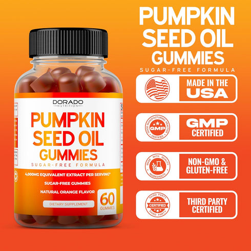 Pumpkin Seed Oil Gummies | 60 Gummies | 4000mg for Hair Growth & Bladder Control | Sugar Free Orange Flavor