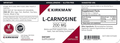 Kirkman L-Carnosine 200 mg, Hypoallergenic, 90 Vegetarian Capsules, Gluten Free
