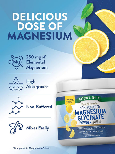 Magnesium Glycinate Powder 6 oz, Lemon Flavor, High Absorption, Vegan, Non-GMO, Gluten Free Supplement