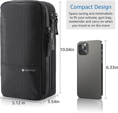 Purevave Compact Mens Toiletry Travel Bag, Waterproof Hanging Dopp Kit, Black Wash Pouch