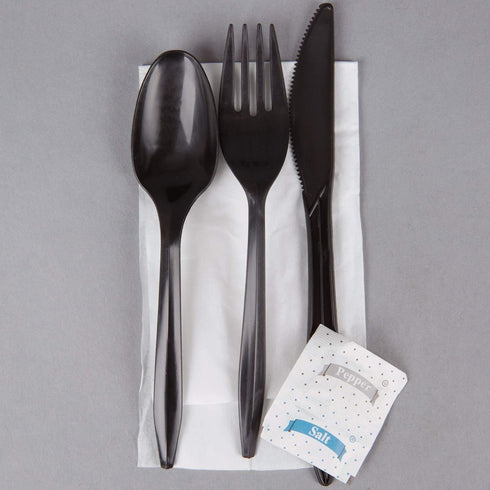 50 Plastic Cutlery Packets, Knife Fork Spoon Napkin Salt Pepper Sets, Individually Wrapped Black Plastic Silverware