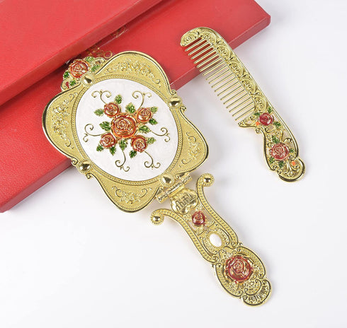 Nerien Antique Mirror Comb Set, Vintage Metal Handheld Makeup Mirror with Comb, Gold-1