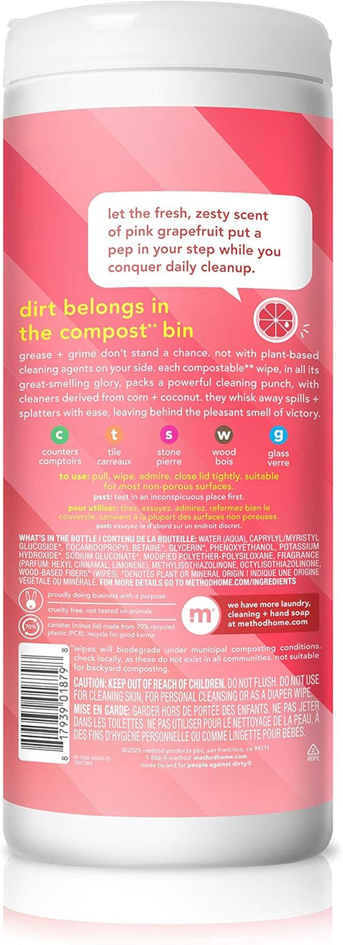 METHOD Pink Grapefruit All Purpose Cleaning Wipes, Multi-Surface, Compostable, 30 Count (Pack of 1)