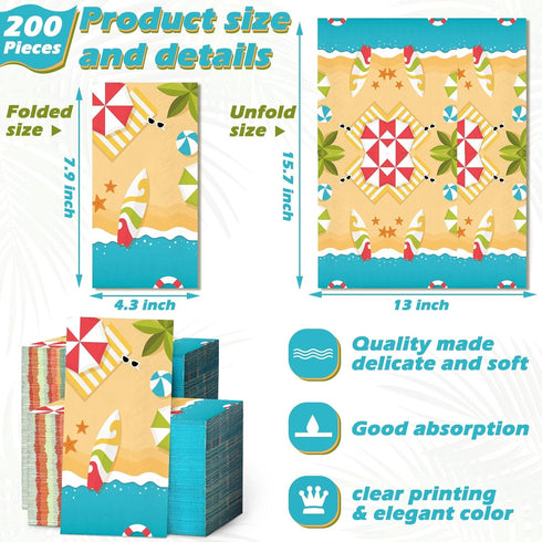 200 Pcs Summer Beach Napkins, Disposable Hand Towels for Decorative Beach Dinner Events