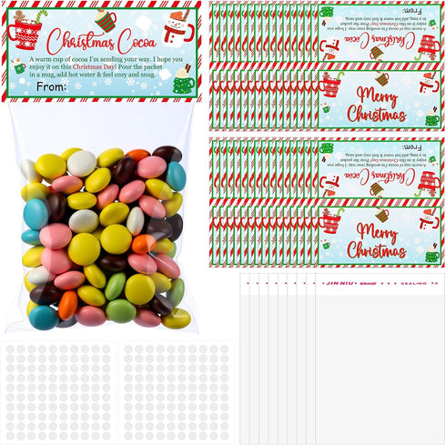 Watersay Christmas Treat Bags Toppers with Self Adhesive Bag Cute Winter Hot Chocolate