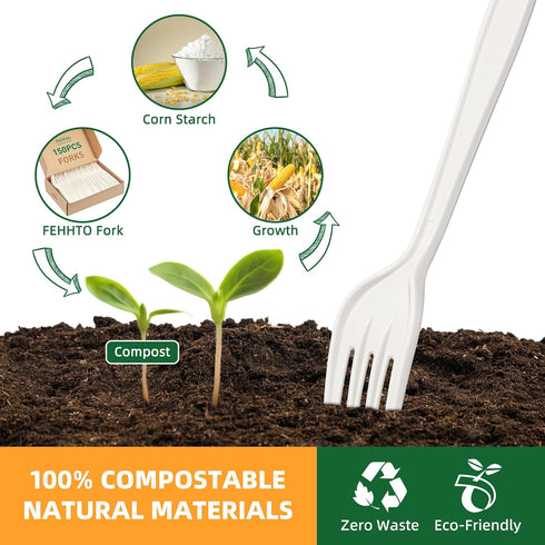 100% Compostable Forks, 7" Heavy Duty Cutlery, 150pcs BPI Certified Eco-Friendly Biodegradable Utensils, Ivory White