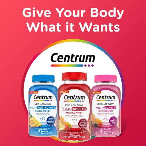 Centrum MultiGummies Multi+ Omega 3 Dual Action, 110 Count, Adult Multivitamin, Strawberry/Lemon/Orange Flavors