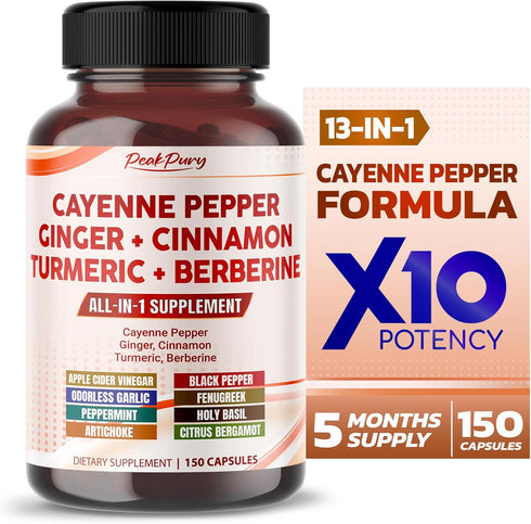 Cayenne Pepper 8000mg, Ginger 3000mg, Turmeric 2500mg, Berberine 2500mg - Digestion & Gut Health Support - Made in USA
