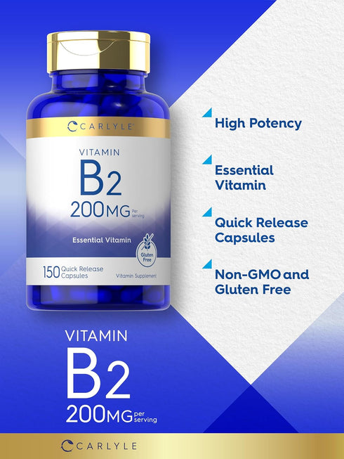 Carlyle Vitamin B-2, Riboflavin, 200mg, 150 Count, Vegetarian, Non-GMO & Gluten Free Essential Supplement