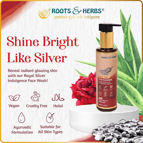 ROOTS AND HERBS Skin Foaming Cleanser Face Wash for Women & Men - Royal Silver Indulgence Facial Wash with Ayurvedic Herbs, Aloe Vera, & Jojoba Oil - Face Cleansing Foam for All Skin Types - 3.38oz