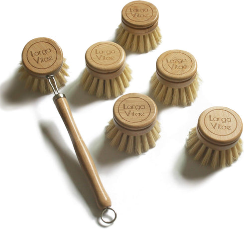 Wooden Dish Brush Made of Bamboo Wood and Natural Bristle, Includes 5 Replacement Brush Heads, Kitchen Scrubber