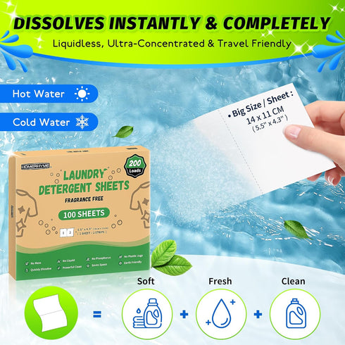 Unscented Laundry Detergent Sheets, 100 Sheets for Up to 200 Loads, Eco Friendly & Hypoallergenic