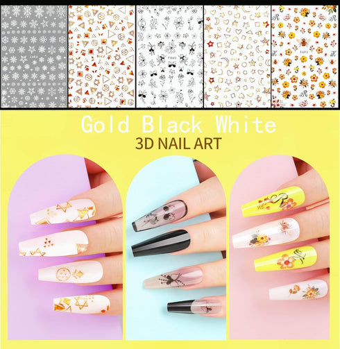 Teenitor 12 Sheets Self-Adhesive Nail Art Sticker, 5D Embossed Flower Nail Decals, 5 Boxes Glitter Sequins Flakes