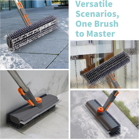 Floor Scrub Brush with Long Handle, Household Cleaning Brush with Right Angled Bristle & Scraper, 360° Swivel Heads