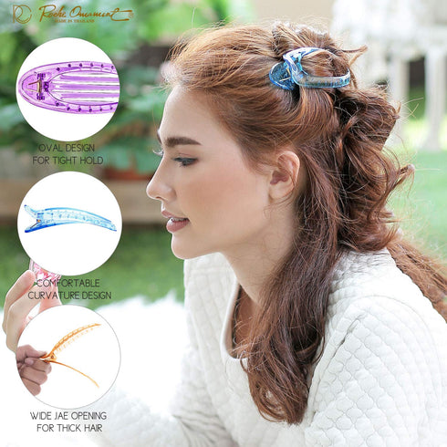 RC ROCHE ORNAMENT 6 Pcs Hair Clip Classic Oval Side Opening Slide Plastic Curve Flat Comb Inner Teeth Clamp Barrette Girls Ladies Beauty Accessory Grip, Large Transparent Multicolor
