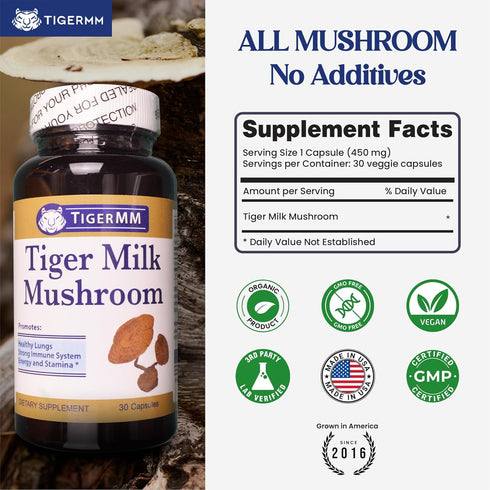 TIGERMM Immune 450mg/cap Tiger Milk Mushroom (Lignosus Rhino.) USA Grown, Lung Respiratory Support