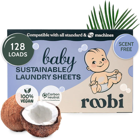 Roobi Unscented Baby Laundry Detergent Sheets for Sensitive Skin, Sustainable for Newborns & Infants, Up to 128 Loads