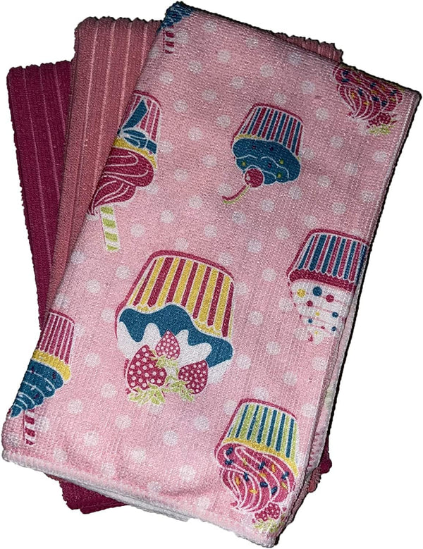 Set of 6, Cupcake Design Microfiber Kitchen Towels/Bar Mop, Ultra-Absorbent & Fast